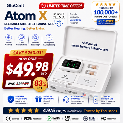 🔥 Final 2 Hours : Only Limited Stock Left🏆GluCent® Atom X Smart Hearing Aids — Hear Clearly, Feel Confident Again 💖(Mayo Clinic Recommended）